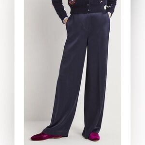 Boden Navy Blue Satin Wide Leg Trouser Pant High Waist Women’s Size 8 Petite NWT